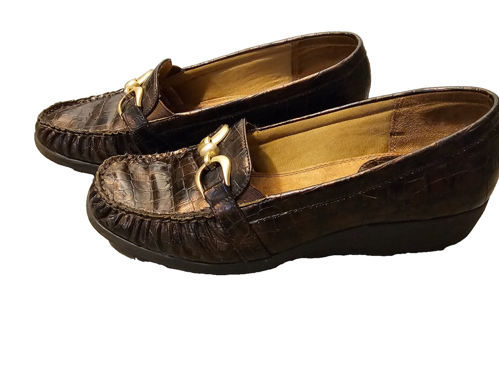 LifeStride Womens Dynamic Brown Gilded Slip On Wedge Shoes Size 9